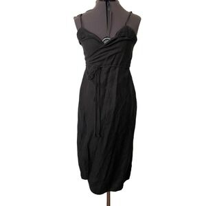 Reformation Black Linen Blend Cruz Midi Minimalist Wrap Dress • Size S 🗣